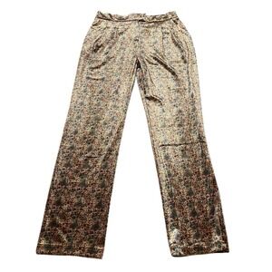 Molly Bracken Gold Metallic Floral Velvet Pleated Wide Leg Pants Medium